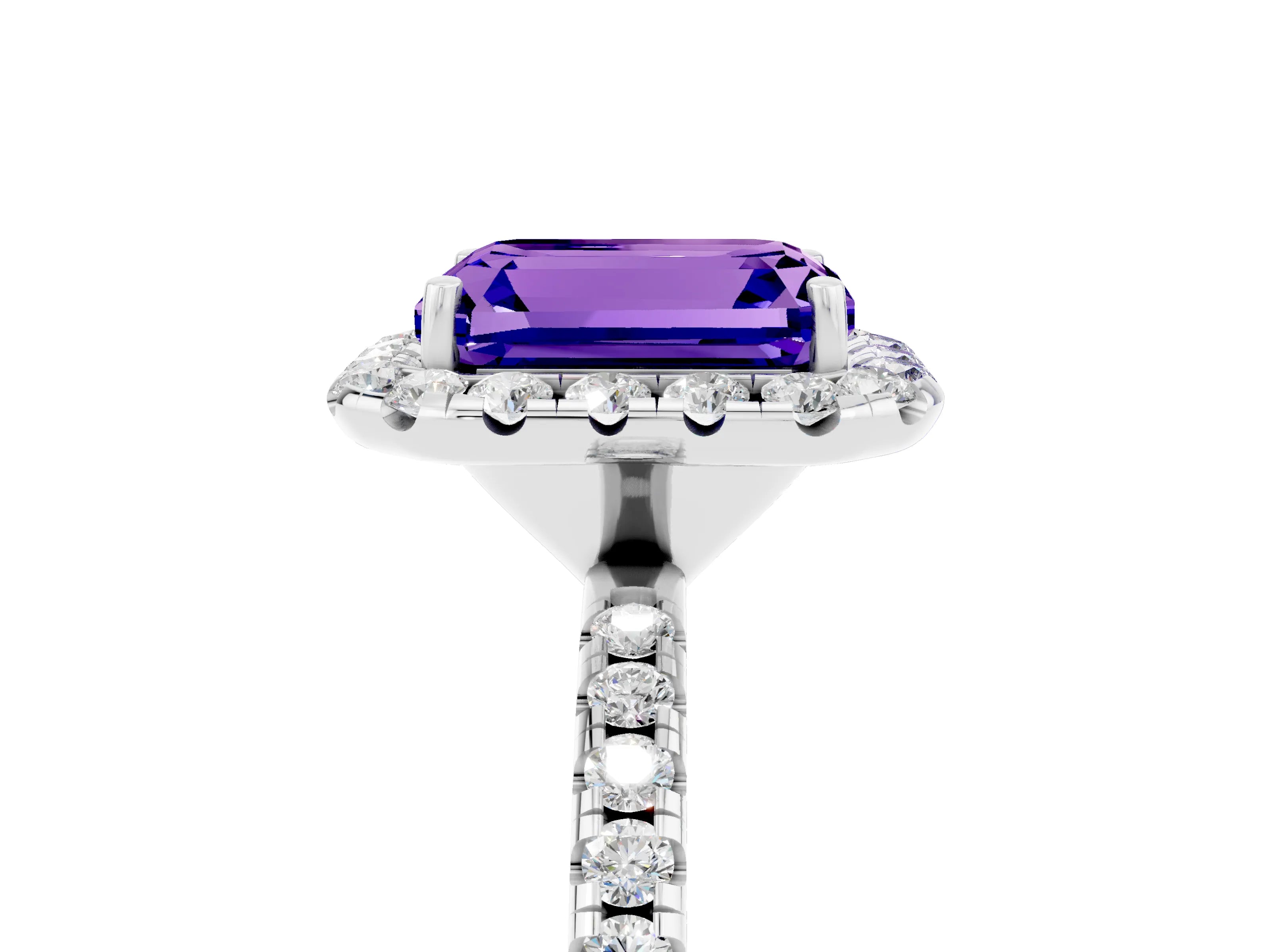 White gold Emerald Cut Cut Diamond Floral Halo Engagement Ring with Pavé Band and Prong Setting_5