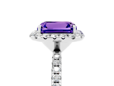 White gold Emerald Cut Cut Diamond Floral Halo Engagement Ring with Pavé Band and Prong Setting_5