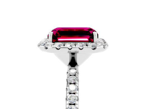 White gold Emerald Cut Cut Diamond Floral Halo Engagement Ring with Pavé Band and Prong Setting_5