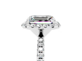 White gold Emerald Cut Cut Diamond Floral Halo Engagement Ring with Pavé Band and Prong Setting_5