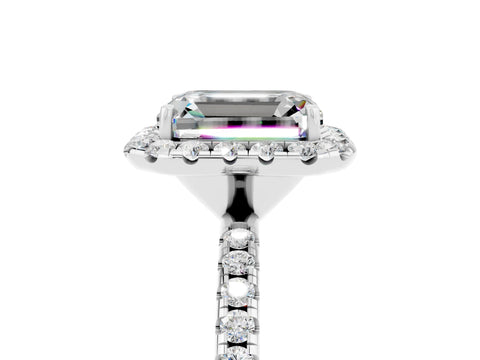 White gold Emerald Cut Cut Diamond Floral Halo Engagement Ring with Pavé Band and Prong Setting_5