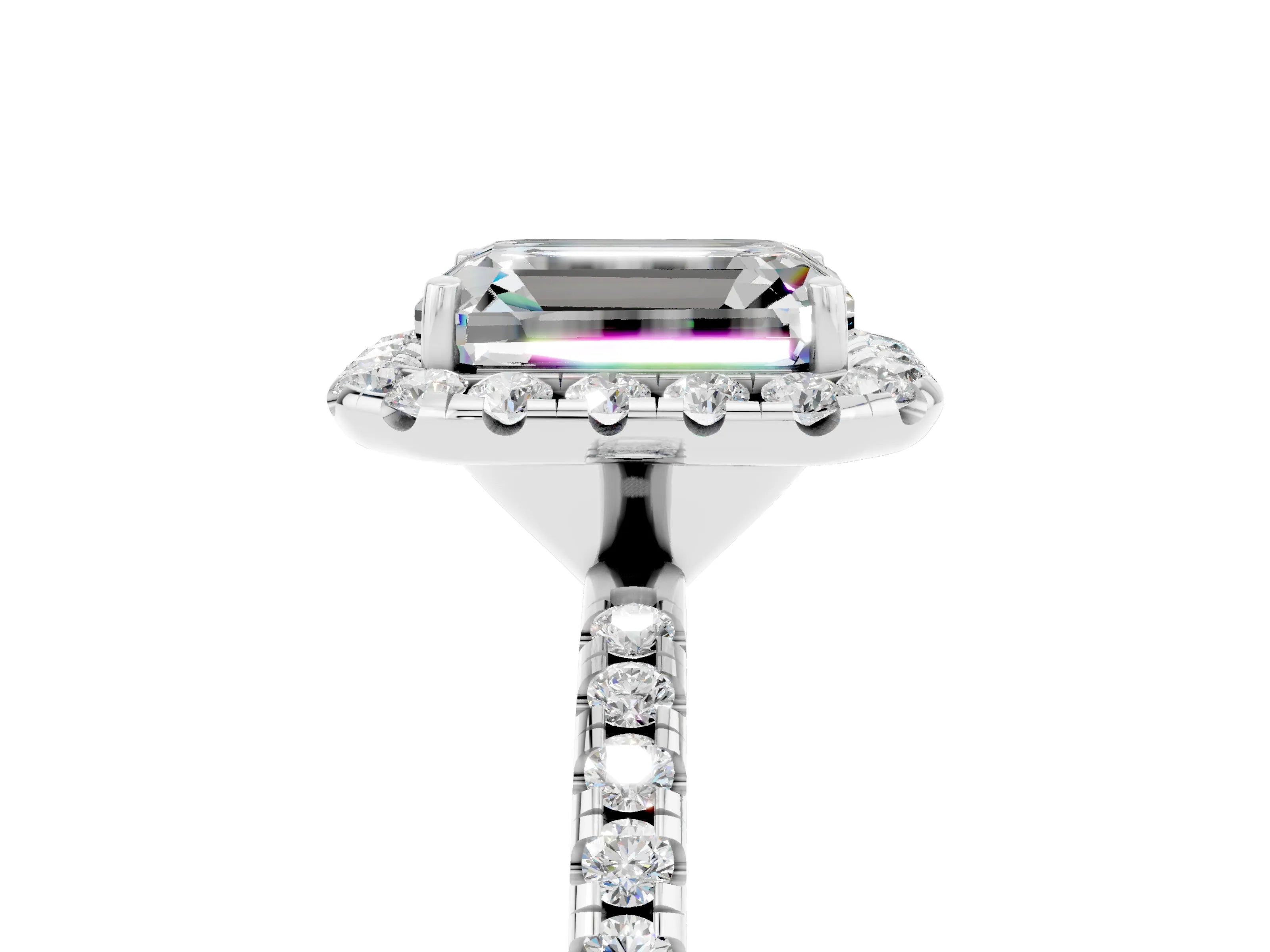 White gold Emerald Cut Cut Diamond Floral Halo Engagement Ring with Pavé Band and Prong Setting_5