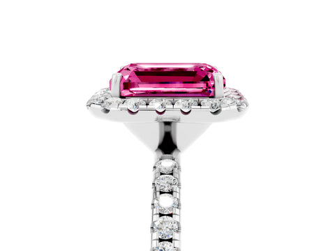 White gold Emerald Cut Cut Diamond Floral Halo Engagement Ring with Pavé Band and Prong Setting_5