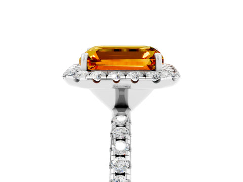 White gold Emerald Cut Cut Diamond Floral Halo Engagement Ring with Pavé Band and Prong Setting_5