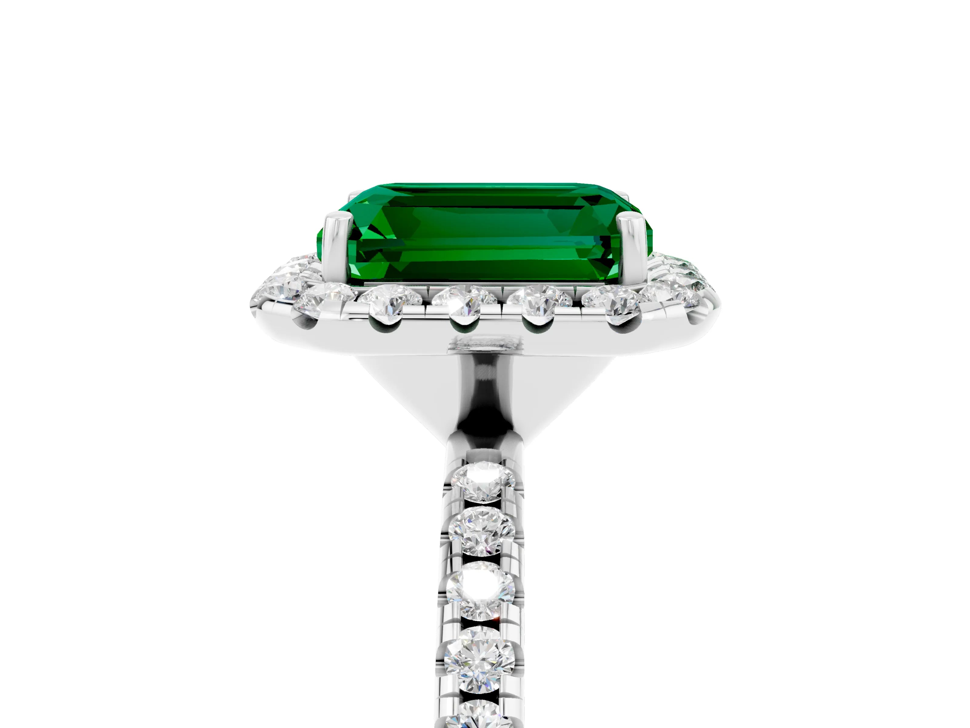 White gold Emerald Cut Cut Diamond Floral Halo Engagement Ring with Pavé Band and Prong Setting_5