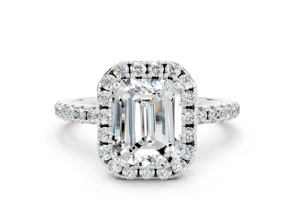 White gold Emerald Cut Moissanite Halo Engagement Ring with Round Pavé Band and Prong Setting