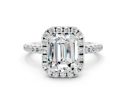 White gold Emerald Cut Cut Diamond Floral Halo Engagement Ring with Pavé Band and Prong Setting