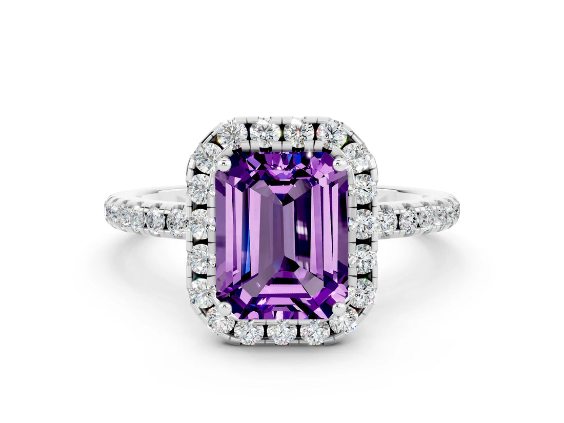 White gold Emerald Cut Cut Diamond Floral Halo Engagement Ring with Pavé Band and Prong Setting