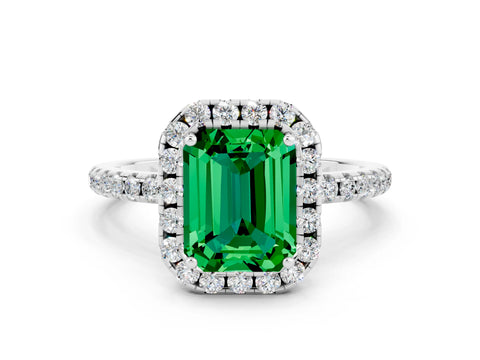 White gold Emerald Cut Cut Diamond Floral Halo Engagement Ring with Pavé Band and Prong Setting