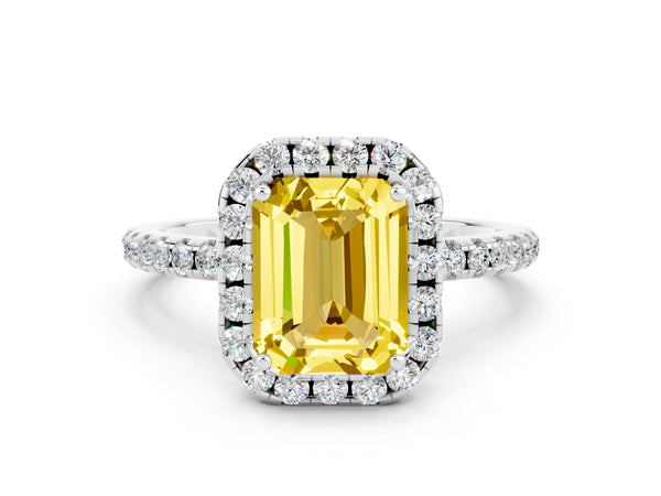 Silver Emerald Cut Yellow Sapphire Halo Engagement Ring with Round Pavé Band and Prong Setting