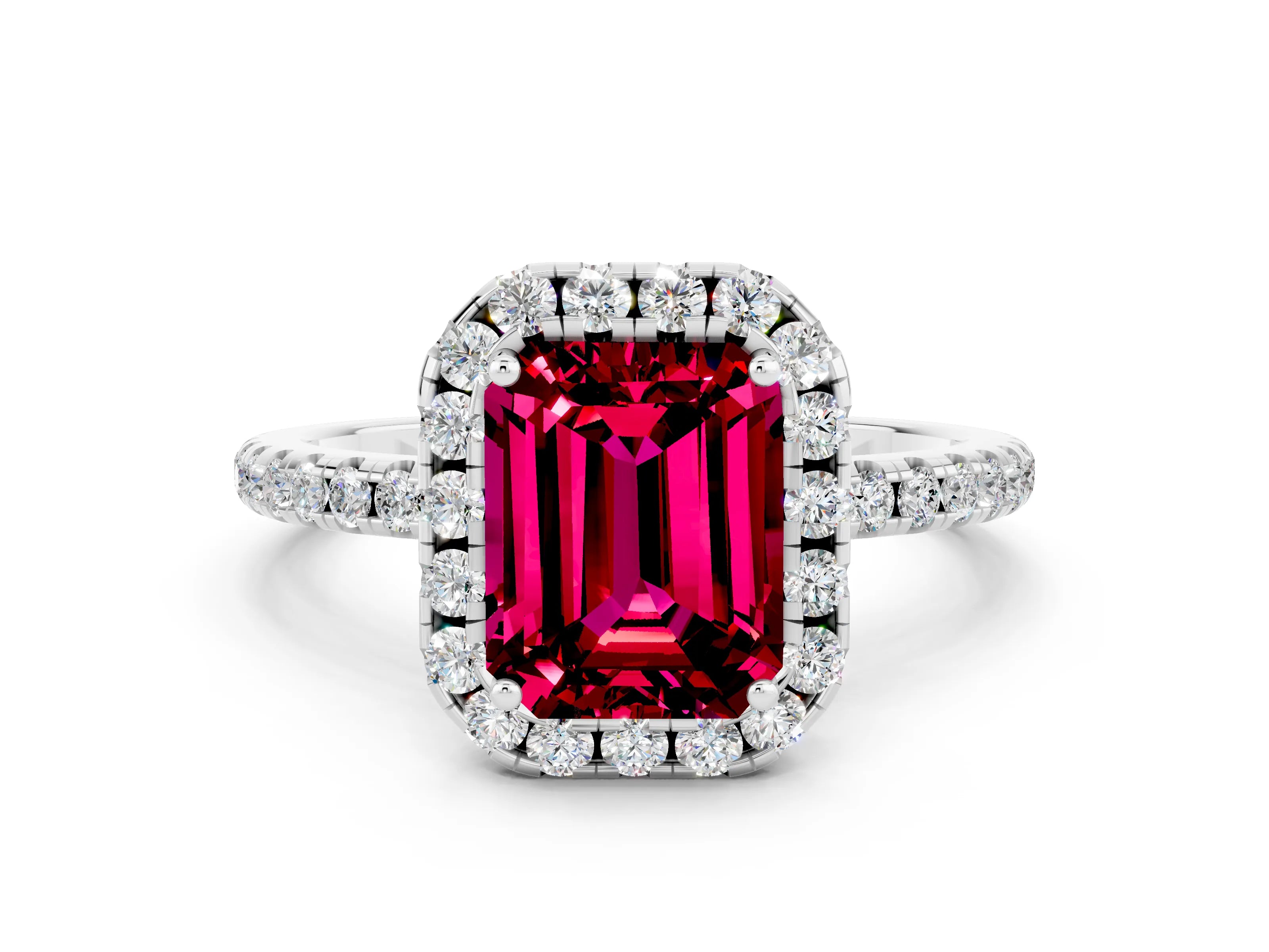 White gold Emerald Cut Cut Diamond Floral Halo Engagement Ring with Pavé Band and Prong Setting