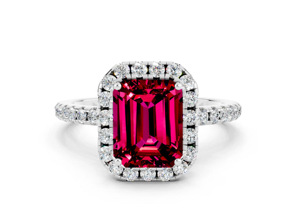 Silver Emerald Cut Garnet Halo Engagement Ring with Round Pavé Band and Prong Setting