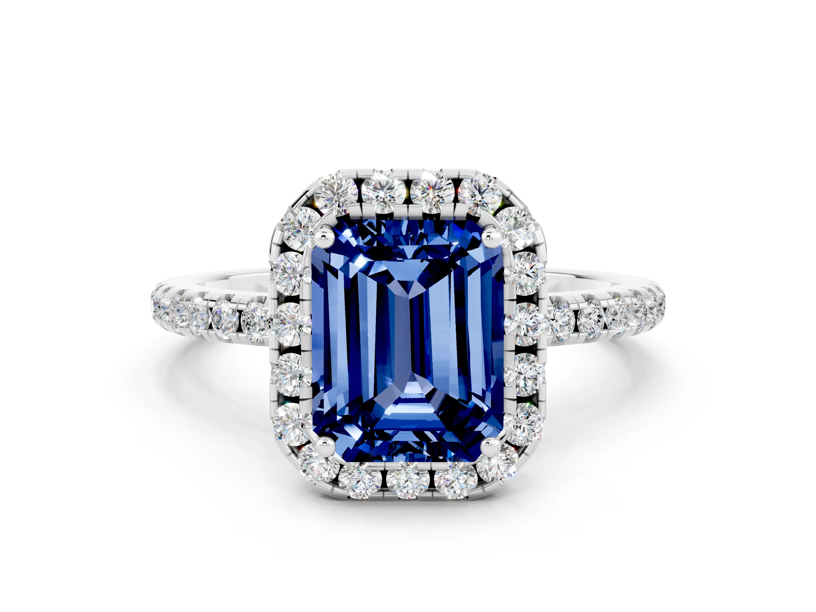 White gold Emerald Cut Cut Diamond Floral Halo Engagement Ring with Pavé Band and Prong Setting