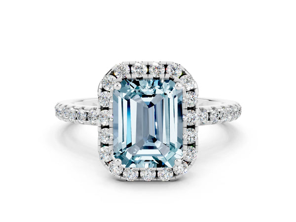 Platinum Emerald Cut Aquamarine Halo Engagement Ring with Round Pavé Band and Prong Setting
