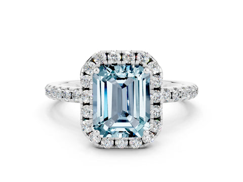White gold Emerald Cut Cut Diamond Floral Halo Engagement Ring with Pavé Band and Prong Setting