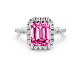 White gold Emerald Cut Cut Diamond Floral Halo Engagement Ring with Pavé Band and Prong Setting