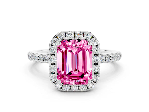 Silver Emerald Cut Pink Sapphire Halo Engagement Ring with Round Pavé Band and Prong Setting