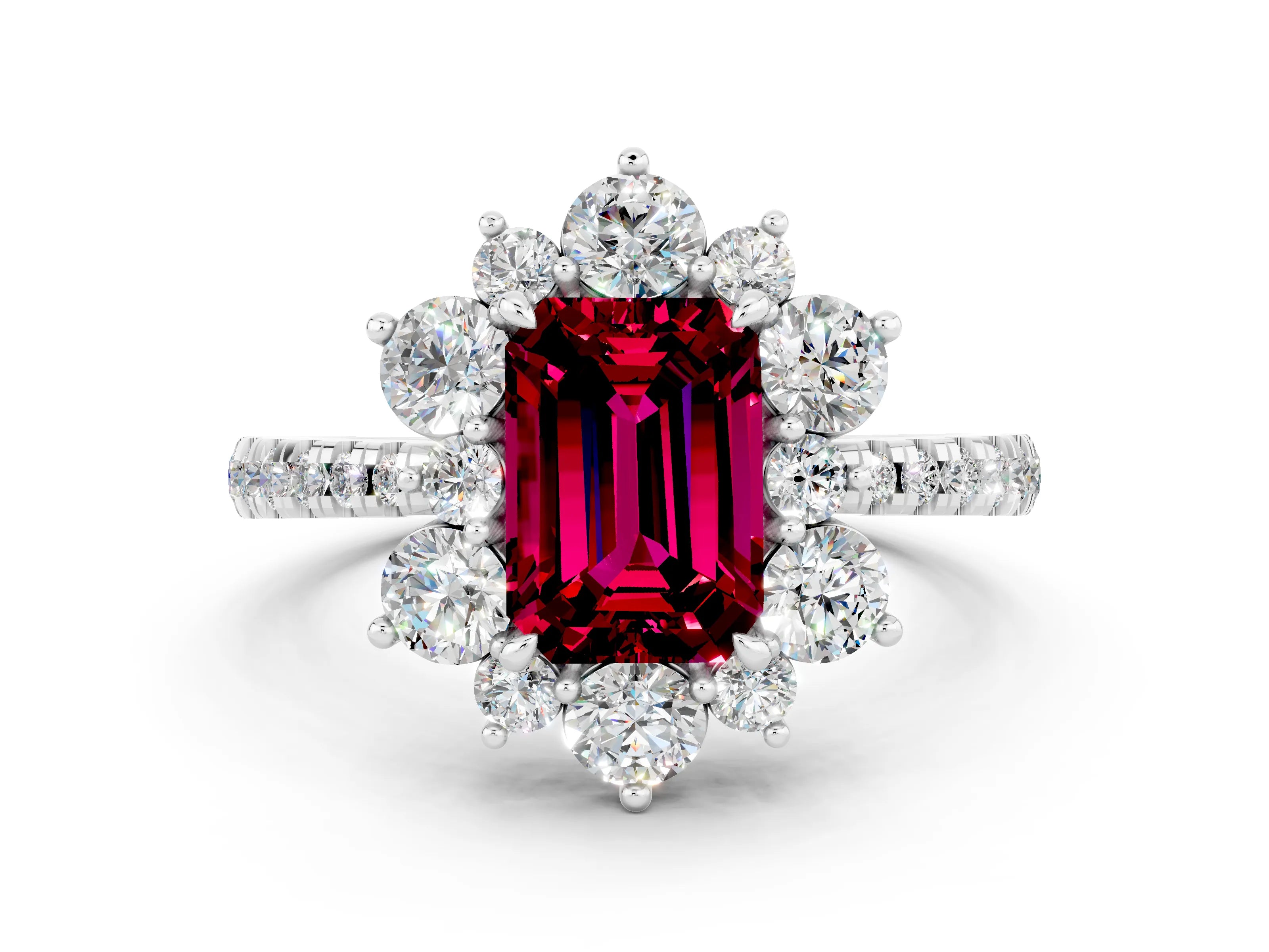White gold Emerald Cut Cut Diamond Floral Halo Pave Band with Prong Setting