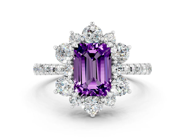 Silver Emerald Cut Amethyst Floral Halo Ring with Round Pavé Band and Prong Setting