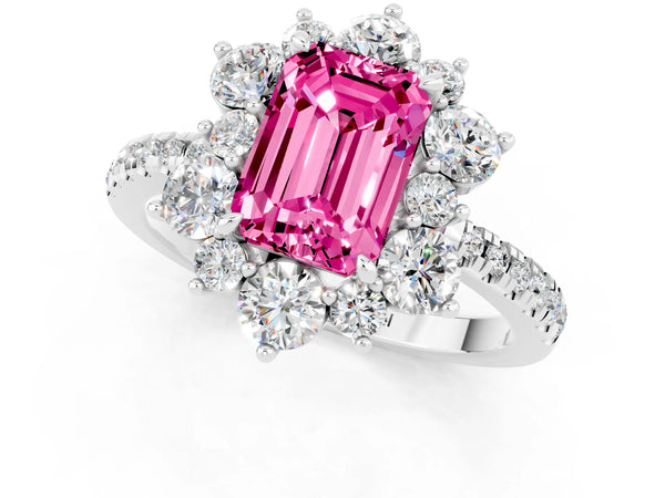 Silver Emerald Cut Pink Sapphire Floral Halo Ring with Round Pavé Band and Prong Setting