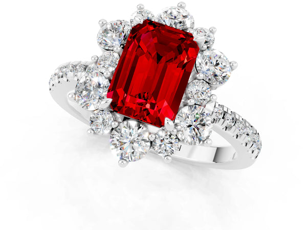 Platinum Emerald Cut Ruby Floral Halo Ring with Round Pavé Band and Prong Setting