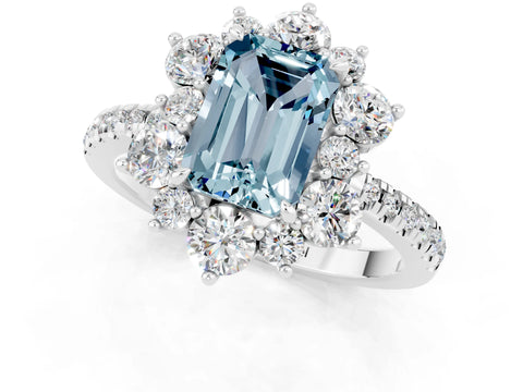White gold Emerald Cut Cut Diamond Floral Halo Pave Band with Prong Setting_1