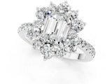 White gold Emerald Cut Cut Diamond Floral Halo Pave Band with Prong Setting_1