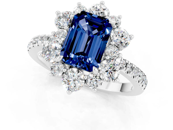 Silver Emerald Cut Blue Sapphire Floral Halo Ring with Round Pavé Band and Prong Setting