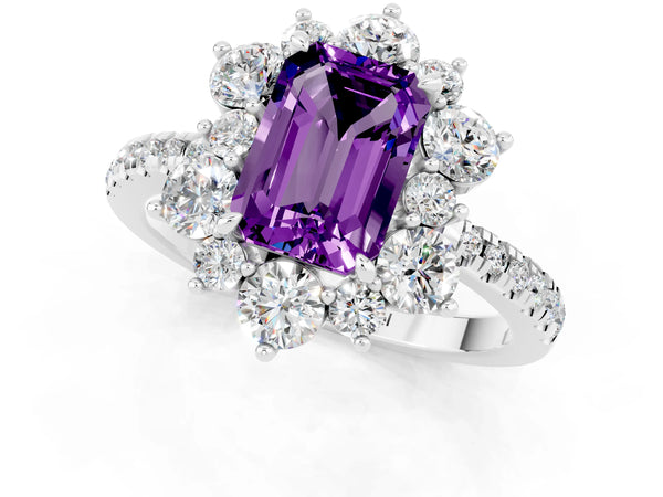 Silver Emerald Cut Amethyst Floral Halo Ring with Round Pavé Band and Prong Setting