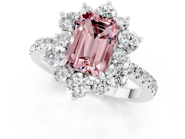 Platinum Emerald Cut Cut Diamond Floral Halo Pave Band with Prong Setting