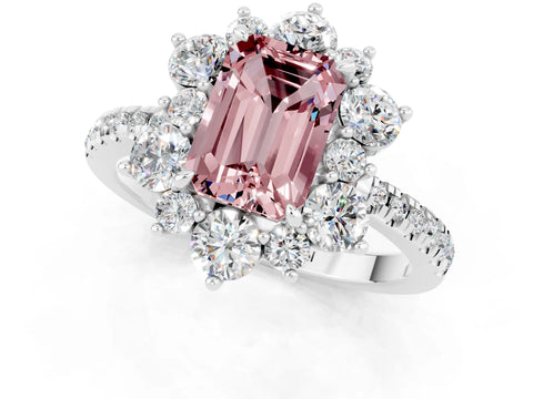 White gold Emerald Cut Cut Diamond Floral Halo Pave Band with Prong Setting_1