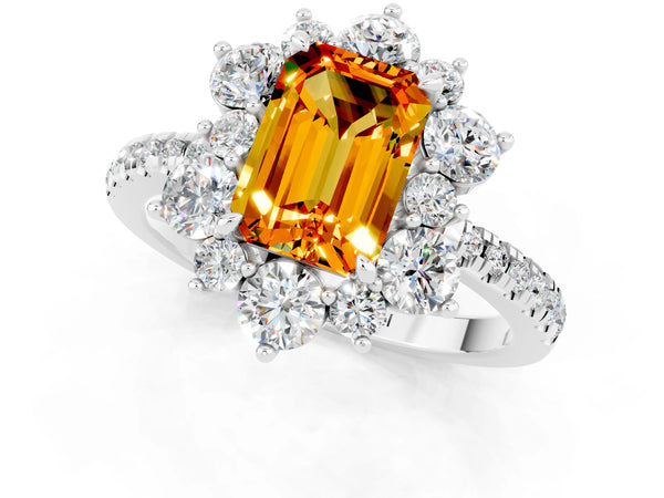 Silver Emerald Cut Citrine Floral Halo Ring with Round Pavé Band and Prong Setting
