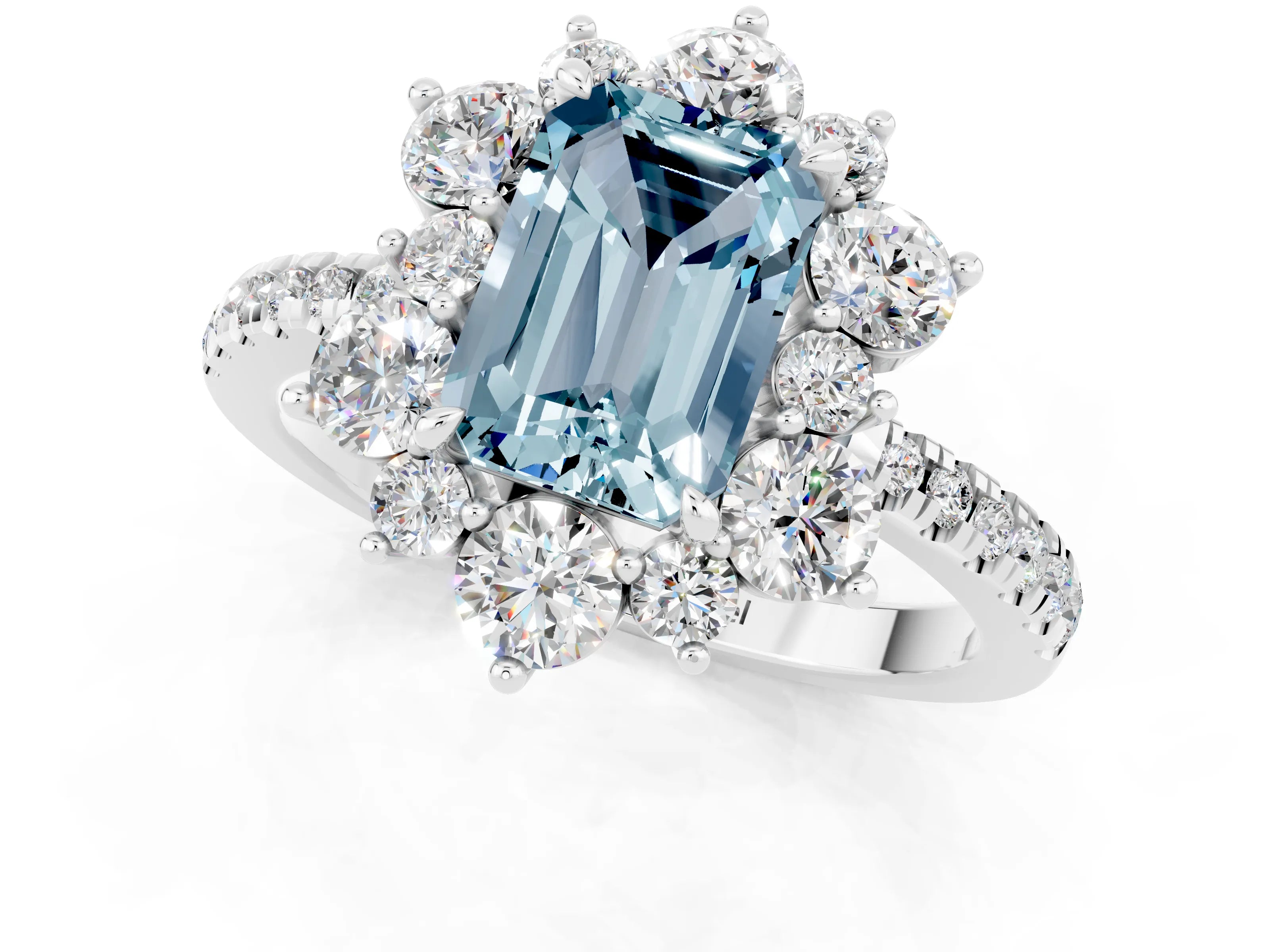 White gold Emerald Cut Cut Diamond Floral Halo Pave Band with Prong Setting_1