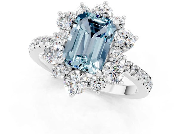 Silver Emerald Cut Aquamarine Floral Halo Ring with Round Pavé Band and Prong Setting