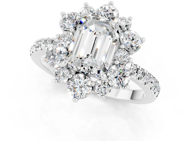 Silver Emerald Cut Moissanite Floral Halo Ring with Round Pavé Band and Prong Setting