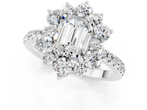 White gold Emerald Cut Cut Diamond Floral Halo Pave Band with Prong Setting_1