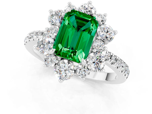 White gold Emerald Cut Emerald Floral Halo Ring with Round Pavé Band and Prong Setting