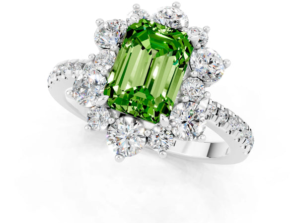 Platinum Emerald Cut Cut Diamond Floral Halo Pave Band with Prong Setting