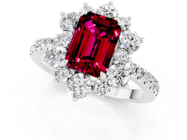 White gold Emerald Cut Garnet Floral Halo Ring with Round Pavé Band and Prong Setting