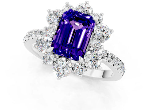 White gold Emerald Cut Cut Diamond Floral Halo Pave Band with Prong Setting_1