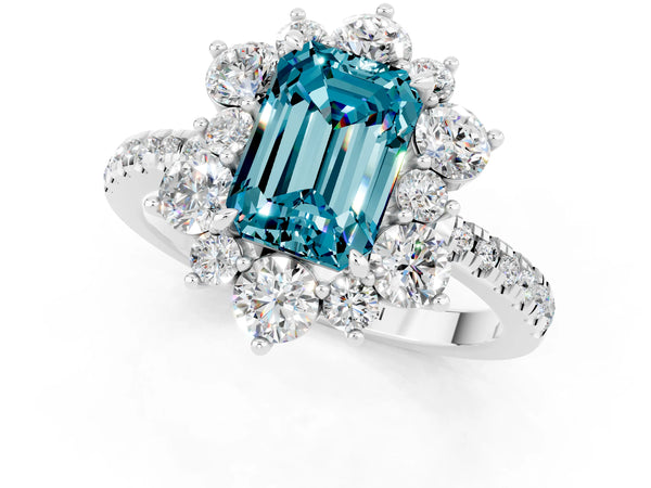 Silver Emerald Cut Cut Diamond Floral Halo Pave Band with Prong Setting