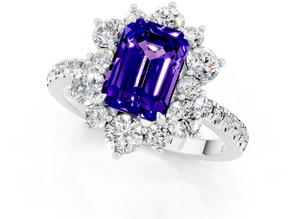 White gold Emerald Cut Tanzanite Floral Halo Ring with Round Pavé Band and Prong Setting