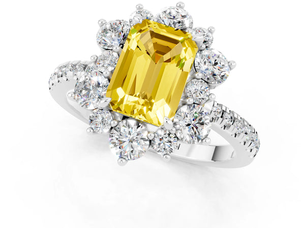 Platinum Emerald Cut Yellow Sapphire Floral Halo Ring with Round Pavé Band and Prong Setting