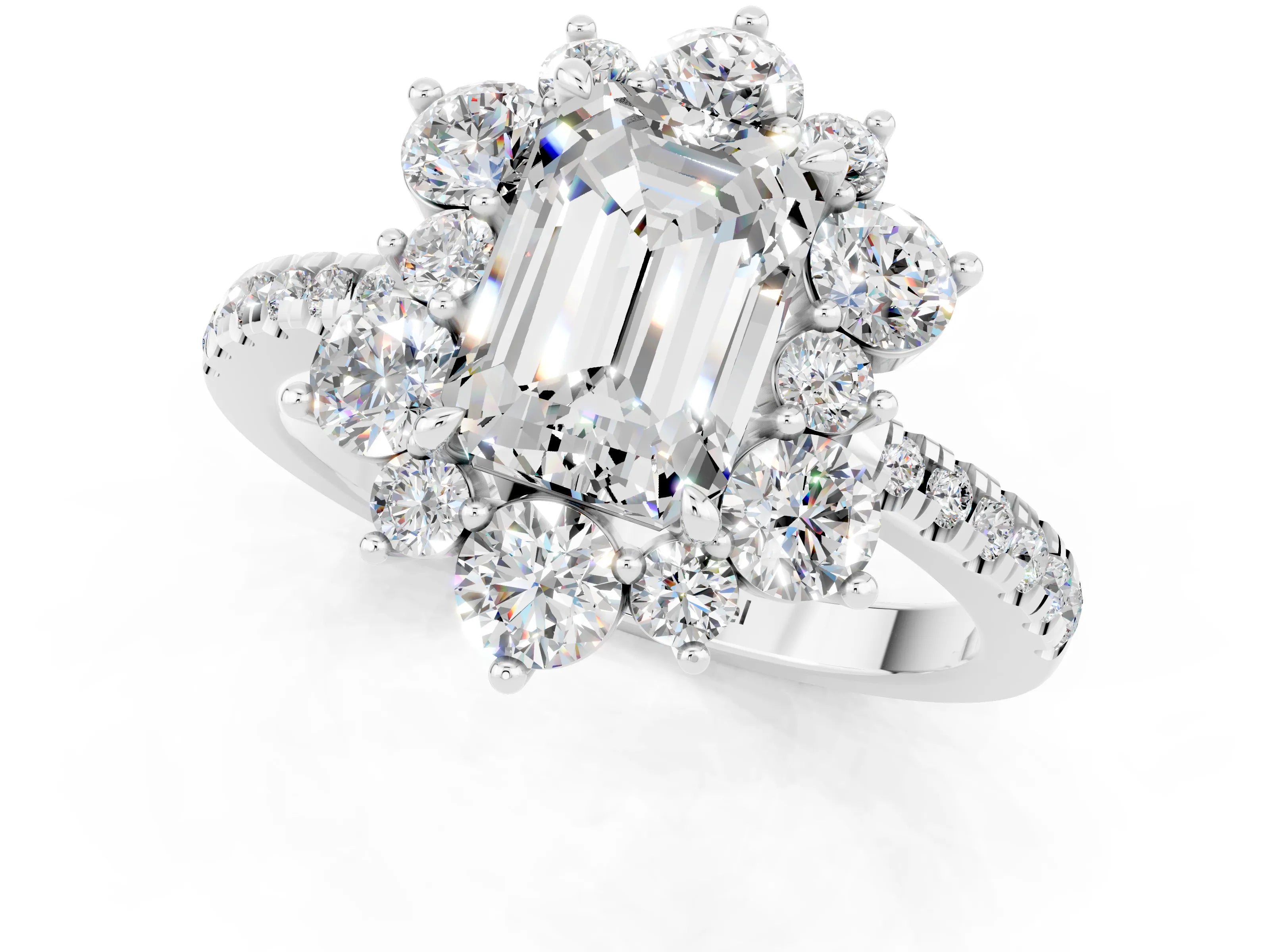White gold Emerald Cut Cut Diamond Floral Halo Pave Band with Prong Setting_1