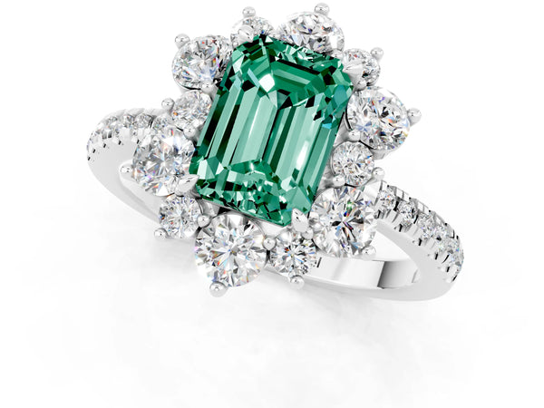 Platinum Emerald Cut Green Sapphire Floral Halo Ring with Round Pavé Band and Prong Setting