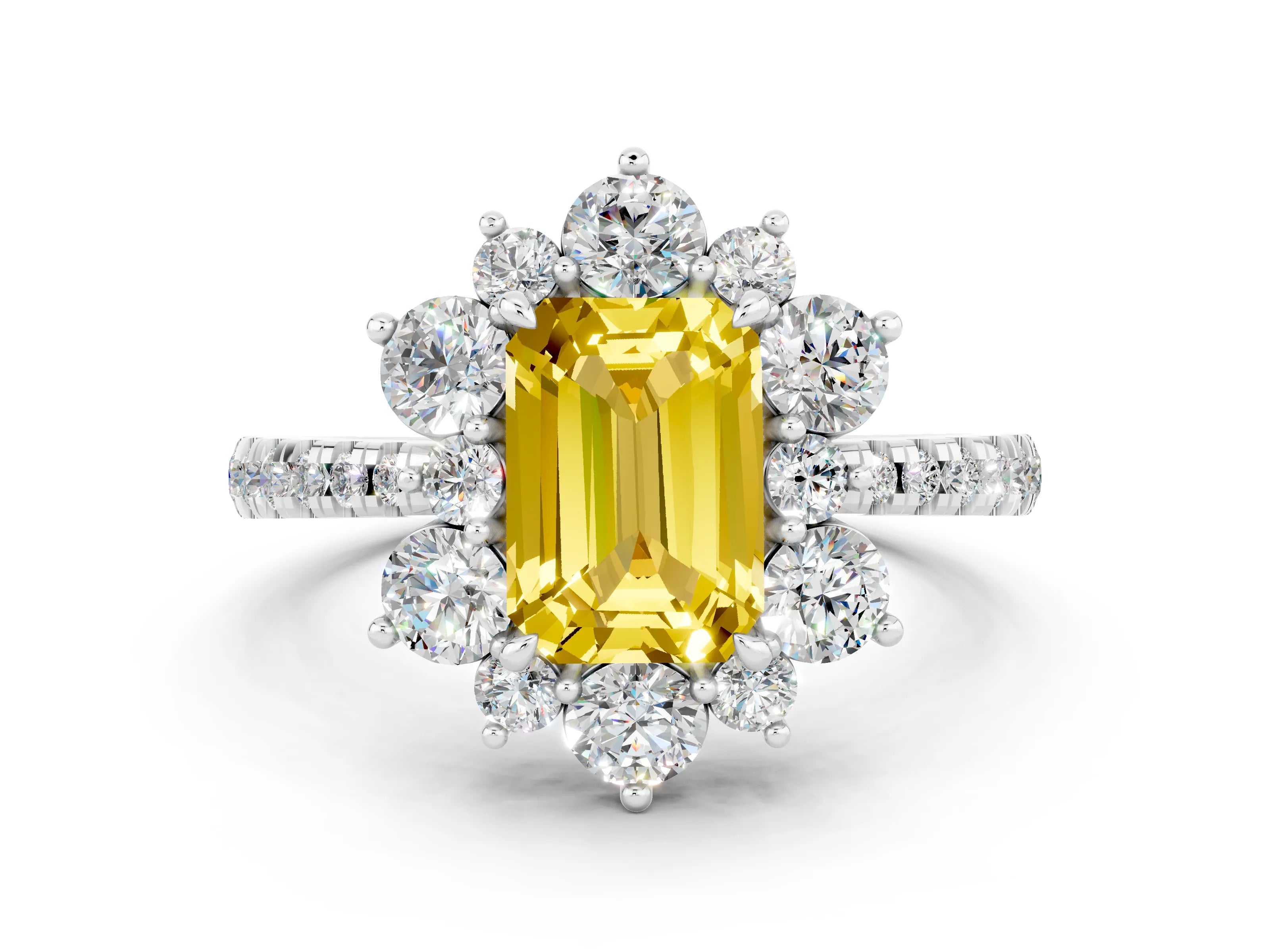 White gold Emerald Cut Cut Diamond Floral Halo Pave Band with Prong Setting