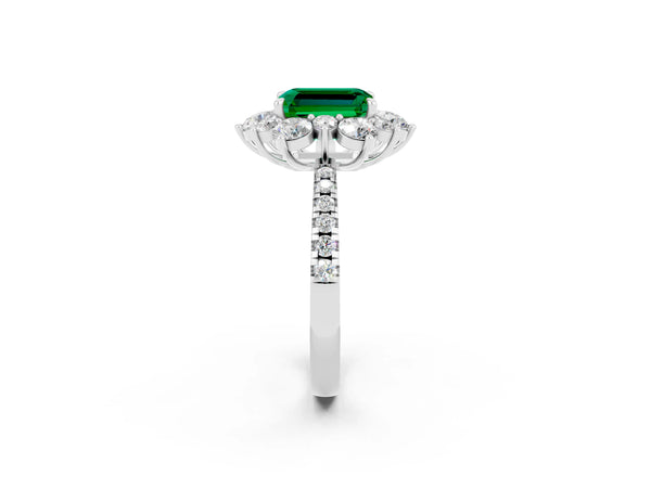 Silver Emerald Cut Emerald Floral Halo Ring with Round Pavé Band and Prong Setting