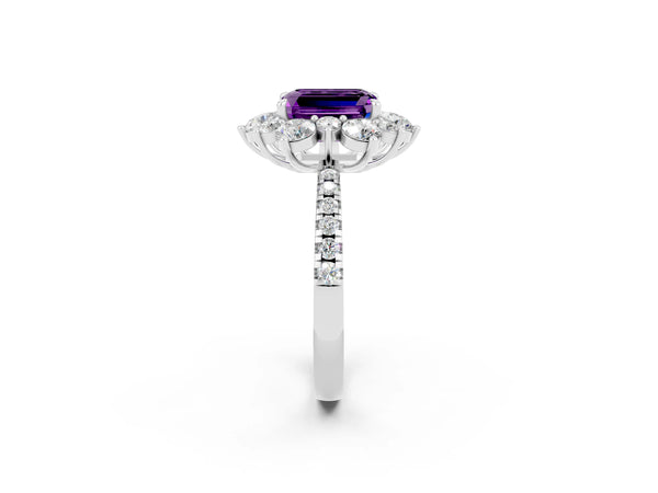 Silver Emerald Cut Amethyst Floral Halo Ring with Round Pavé Band and Prong Setting