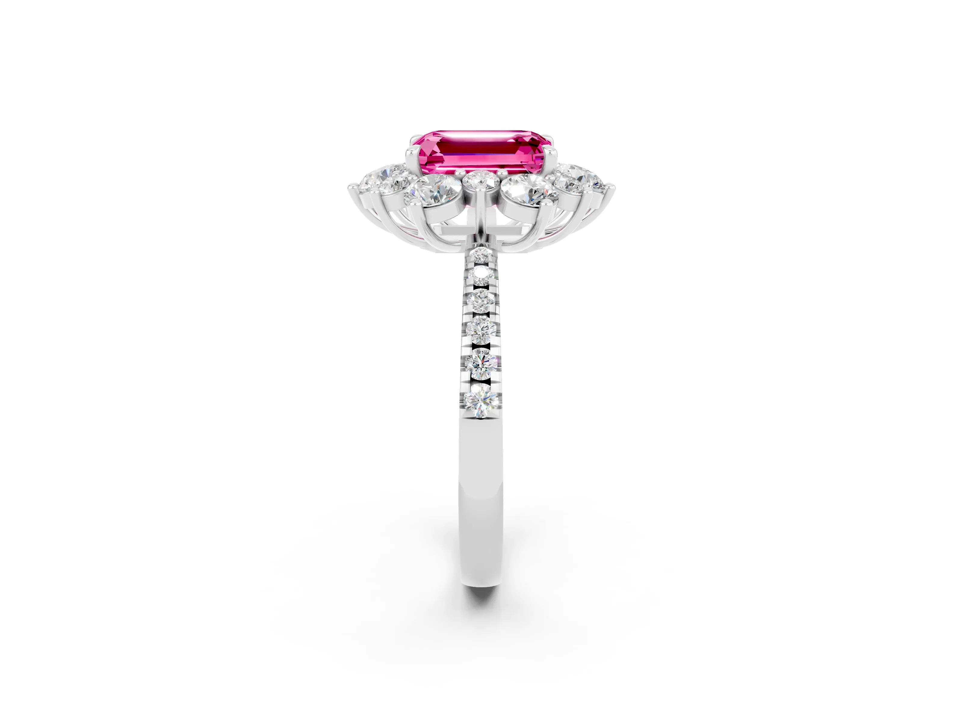 White gold Emerald Cut Cut Diamond Floral Halo Pave Band with Prong Setting_2