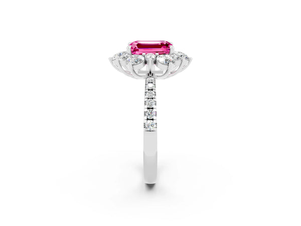 Silver Emerald Cut Pink Sapphire Floral Halo Ring with Round Pavé Band and Prong Setting
